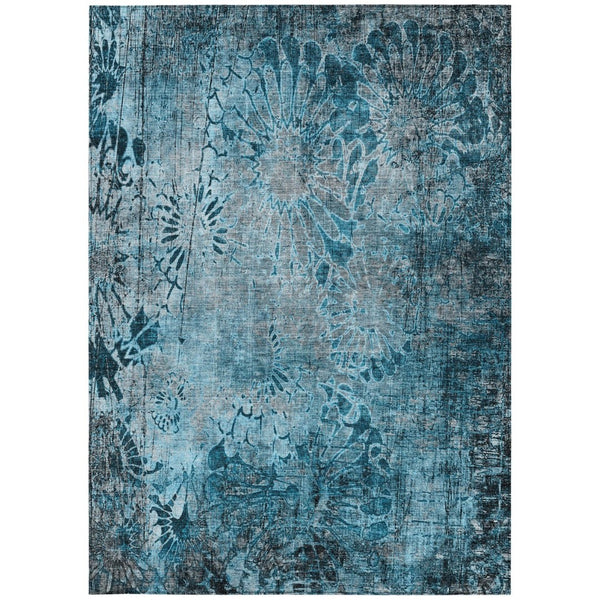 HomeRoots 5' X 8' Teal Blue and Gray Floral Washable Rug - Durable, Easy-Care Indoor/Outdoor Charm for Any Space 639300