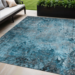 HomeRoots 5' X 8' Teal Blue and Gray Floral Washable Rug - Durable, Easy-Care Indoor/Outdoor Charm for Any Space 639300