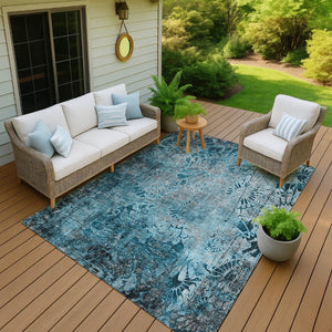 HomeRoots 5' X 8' Teal Blue and Gray Floral Washable Rug - Durable, Easy-Care Indoor/Outdoor Charm for Any Space 639300
