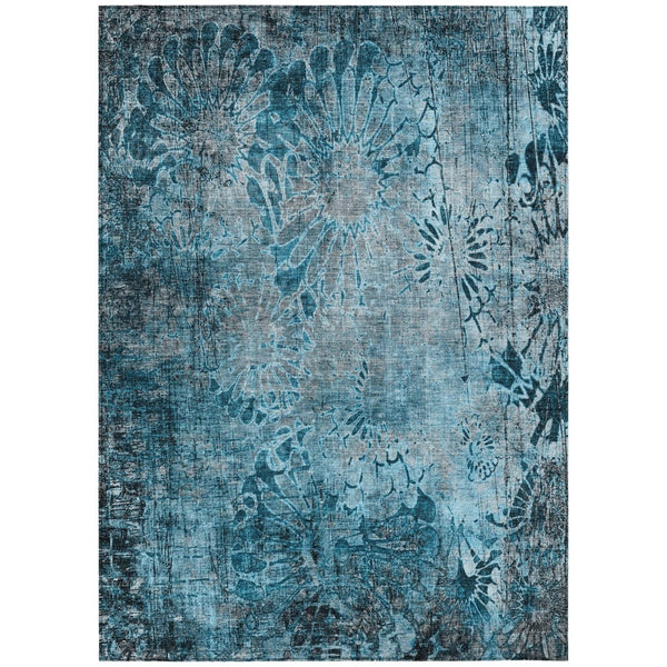 HomeRoots 5' X 8' Teal Blue and Gray Floral Washable Rug - Durable, Easy-Care Indoor/Outdoor Charm for Any Space 639300