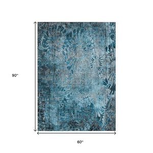 HomeRoots 5' X 8' Teal Blue and Gray Floral Washable Rug - Durable, Easy-Care Indoor/Outdoor Charm for Any Space 639300