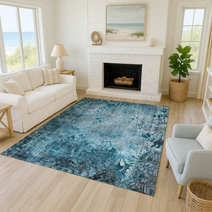 HomeRoots 5' X 8' Teal Blue and Gray Floral Washable Rug - Durable, Easy-Care Indoor/Outdoor Charm for Any Space 639300