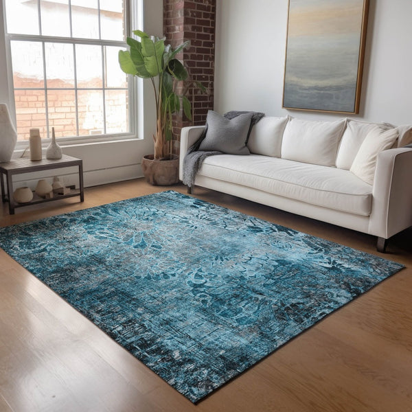 HomeRoots 5' X 8' Teal Blue and Gray Floral Washable Rug - Durable, Easy-Care Indoor/Outdoor Charm for Any Space 639300