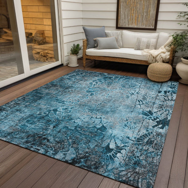 HomeRoots 5' X 8' Teal Blue and Gray Floral Washable Rug - Durable, Easy-Care Indoor/Outdoor Charm for Any Space 639300