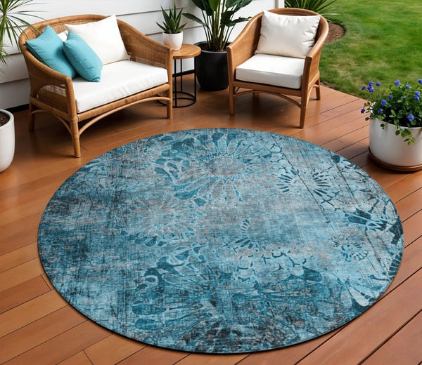 HomeRoots 8' Teal Blue and Gray Round Floral Rug - Washable, Durable Comfort for Indoor & Outdoor Spaces 639301