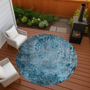 HomeRoots 8' Teal Blue and Gray Round Floral Rug - Washable, Durable Comfort for Indoor & Outdoor Spaces 639301