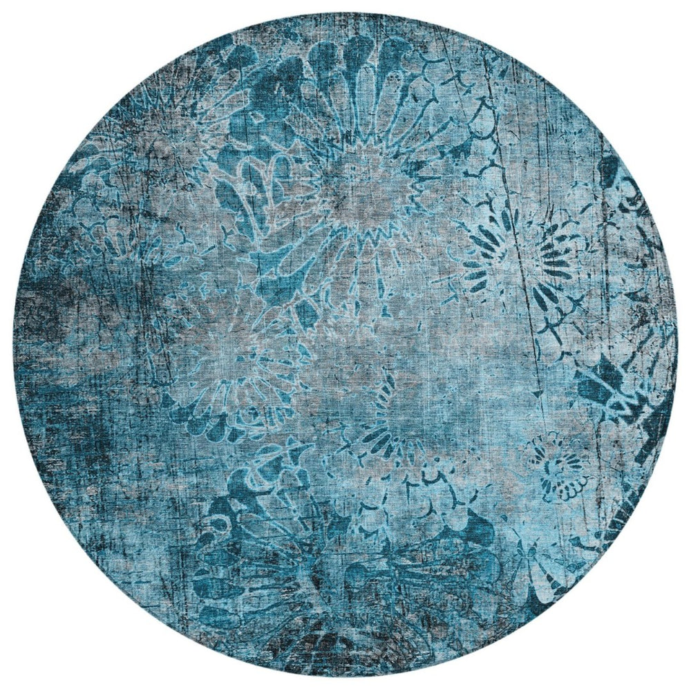 HomeRoots 8' Teal Blue and Gray Round Floral Rug - Washable, Durable Comfort for Indoor & Outdoor Spaces 639301