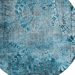 HomeRoots 8' Teal Blue and Gray Round Floral Rug - Washable, Durable Comfort for Indoor & Outdoor Spaces 639301