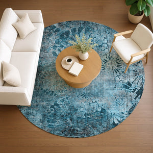 HomeRoots 8' Teal Blue and Gray Round Floral Rug - Washable, Durable Comfort for Indoor & Outdoor Spaces 639301