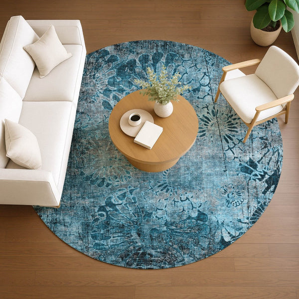 HomeRoots 8' Teal Blue and Gray Round Floral Rug - Washable, Durable Comfort for Indoor & Outdoor Spaces 639301