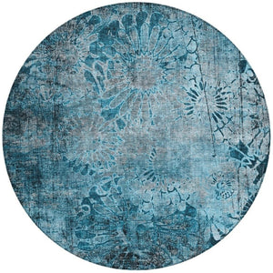HomeRoots 8' Teal Blue and Gray Round Floral Rug - Washable, Durable Comfort for Indoor & Outdoor Spaces 639301