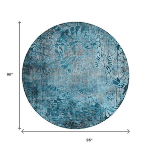 HomeRoots 8' Teal Blue and Gray Round Floral Rug - Washable, Durable Comfort for Indoor & Outdoor Spaces 639301