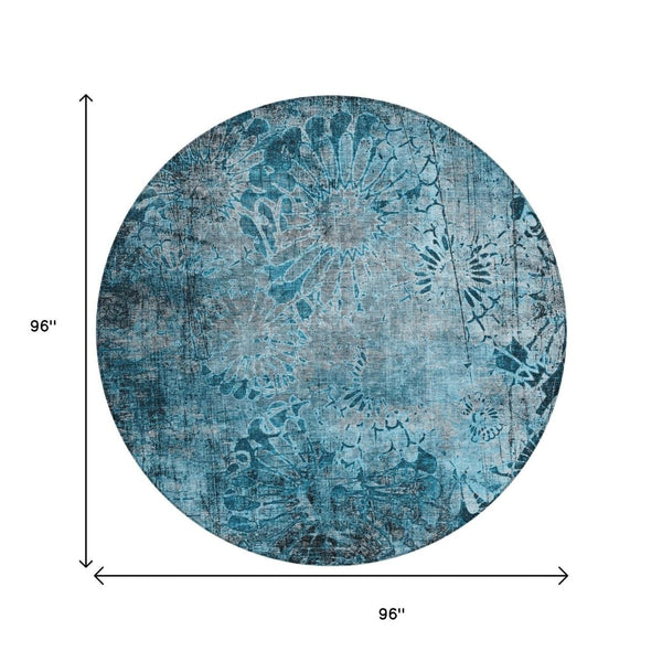 HomeRoots 8' Teal Blue and Gray Round Floral Rug - Washable, Durable Comfort for Indoor & Outdoor Spaces 639301