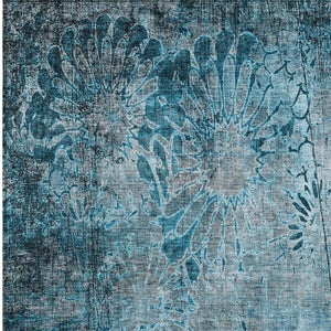 HomeRoots 9' X 12' Teal Blue & Gray Floral Area Rug - Washable, Stain-Resistant for Indoor/Outdoor Use! 639303