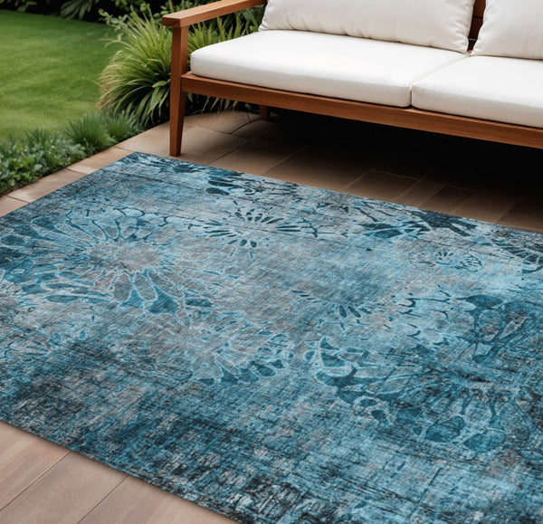 HomeRoots 9' X 12' Teal Blue & Gray Floral Area Rug - Washable, Stain-Resistant for Indoor/Outdoor Use! 639303