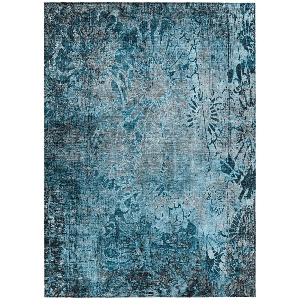 HomeRoots 9' X 12' Teal Blue & Gray Floral Area Rug - Washable, Stain-Resistant for Indoor/Outdoor Use! 639303
