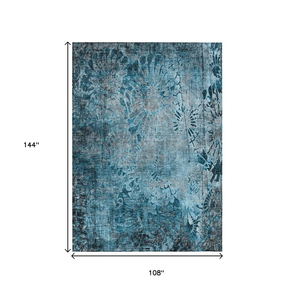 HomeRoots 9' X 12' Teal Blue & Gray Floral Area Rug - Washable, Stain-Resistant for Indoor/Outdoor Use! 639303