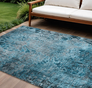 HomeRoots 10' Teal Blue and Gray Floral Washable Area Rug – Stylish Indoor/Outdoor Comfort for High Traffic Areas 639304