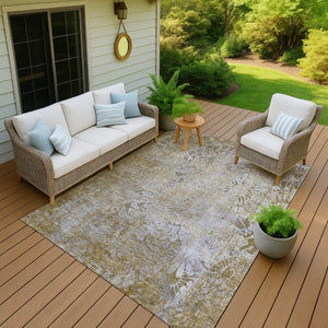 HomeRoots 5' Wheat and Beige Floral Area Rug - Durable, Washable, Indoor/Outdoor Use for High-Traffic Spaces 639306