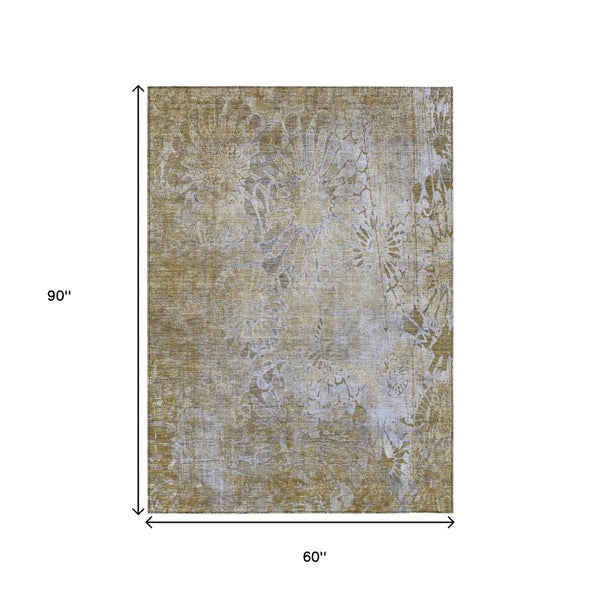 HomeRoots 5' Wheat and Beige Floral Area Rug - Durable, Washable, Indoor/Outdoor Use for High-Traffic Spaces 639306
