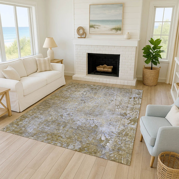 HomeRoots 5' Wheat and Beige Floral Area Rug - Durable, Washable, Indoor/Outdoor Use for High-Traffic Spaces 639306