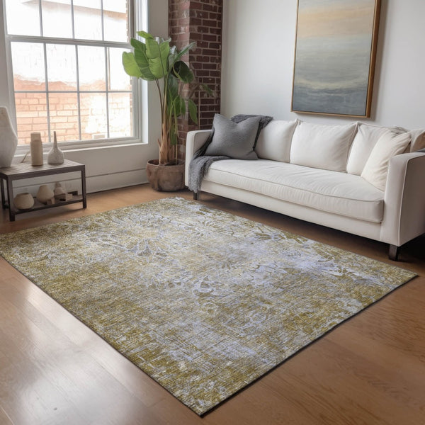 HomeRoots 5' Wheat and Beige Floral Area Rug - Durable, Washable, Indoor/Outdoor Use for High-Traffic Spaces 639306