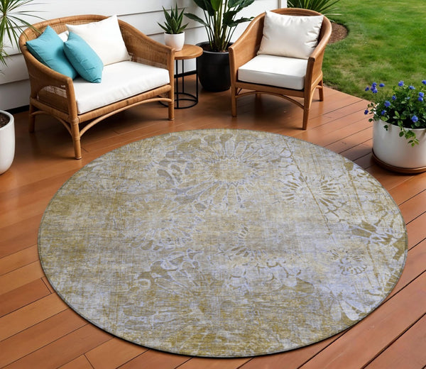 HomeRoots 8' Wheat And Beige Round Floral Area Rug - Durable, Machine-Washable Indoor/Outdoor Decor Accent 639307