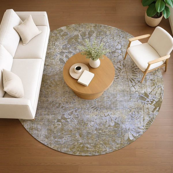 HomeRoots 8' Wheat And Beige Round Floral Area Rug - Durable, Machine-Washable Indoor/Outdoor Decor Accent 639307