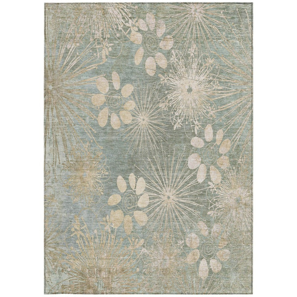 HomeRoots 5' Indoor-Outdoor Artichoke Green & Beige Floral Area Rug - Washable, Durable, Versatile Style! 639312