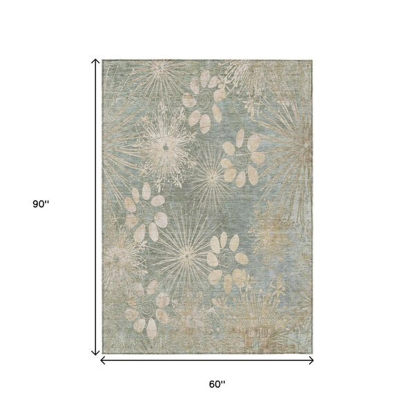 HomeRoots 5' Indoor-Outdoor Artichoke Green & Beige Floral Area Rug - Washable, Durable, Versatile Style! 639312