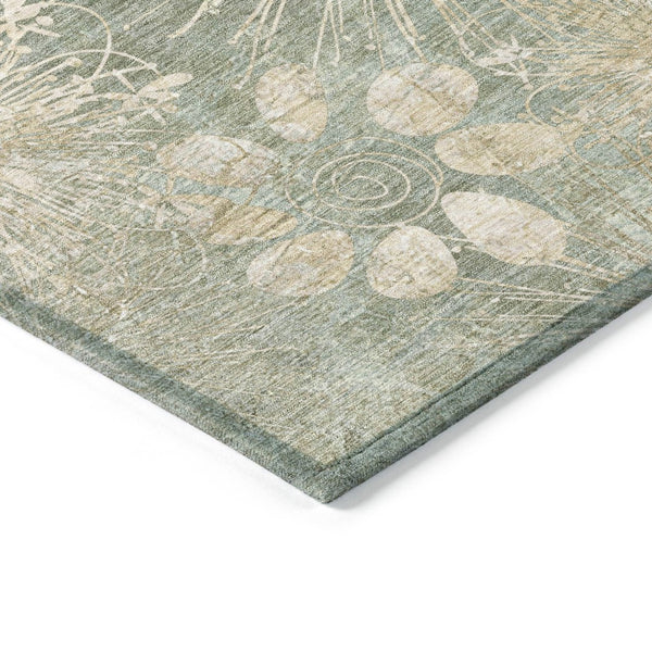 HomeRoots 5' Indoor-Outdoor Artichoke Green & Beige Floral Area Rug - Washable, Durable, Versatile Style! 639312