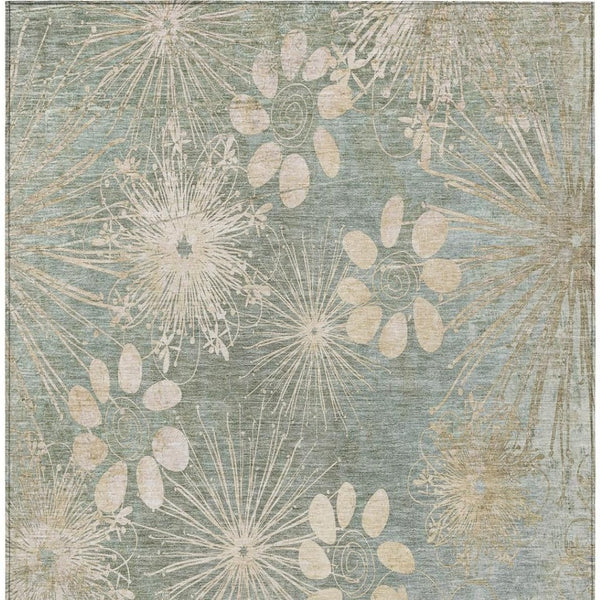 HomeRoots 5' Indoor-Outdoor Artichoke Green & Beige Floral Area Rug - Washable, Durable, Versatile Style! 639312