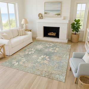 HomeRoots 5' Indoor-Outdoor Artichoke Green & Beige Floral Area Rug - Washable, Durable, Versatile Style! 639312