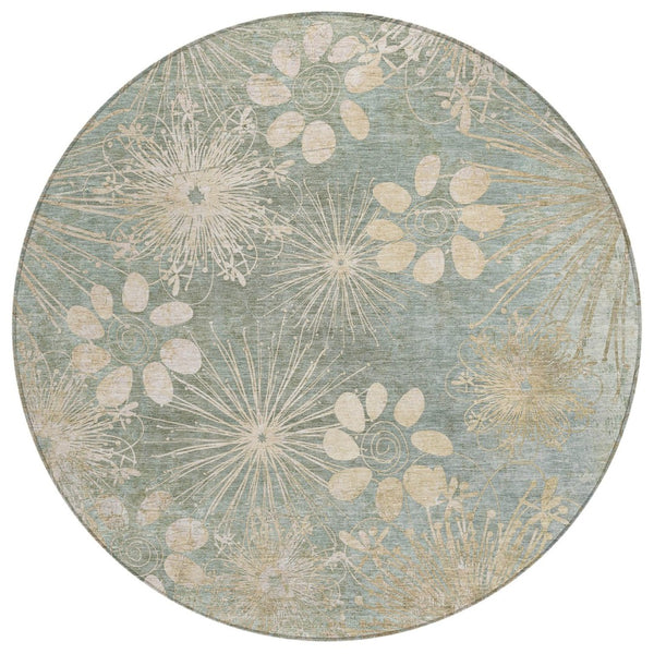 HomeRoots 8' Artichoke Green Round Floral Rug - Stylish, Washable Area Rug for Indoor & Outdoor Spaces 639313