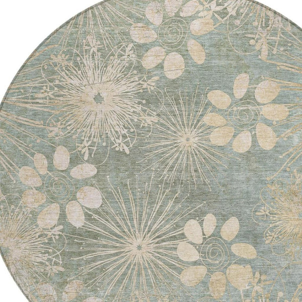 HomeRoots 8' Artichoke Green Round Floral Rug - Stylish, Washable Area Rug for Indoor & Outdoor Spaces 639313
