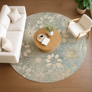 HomeRoots 8' Artichoke Green Round Floral Rug - Stylish, Washable Area Rug for Indoor & Outdoor Spaces 639313