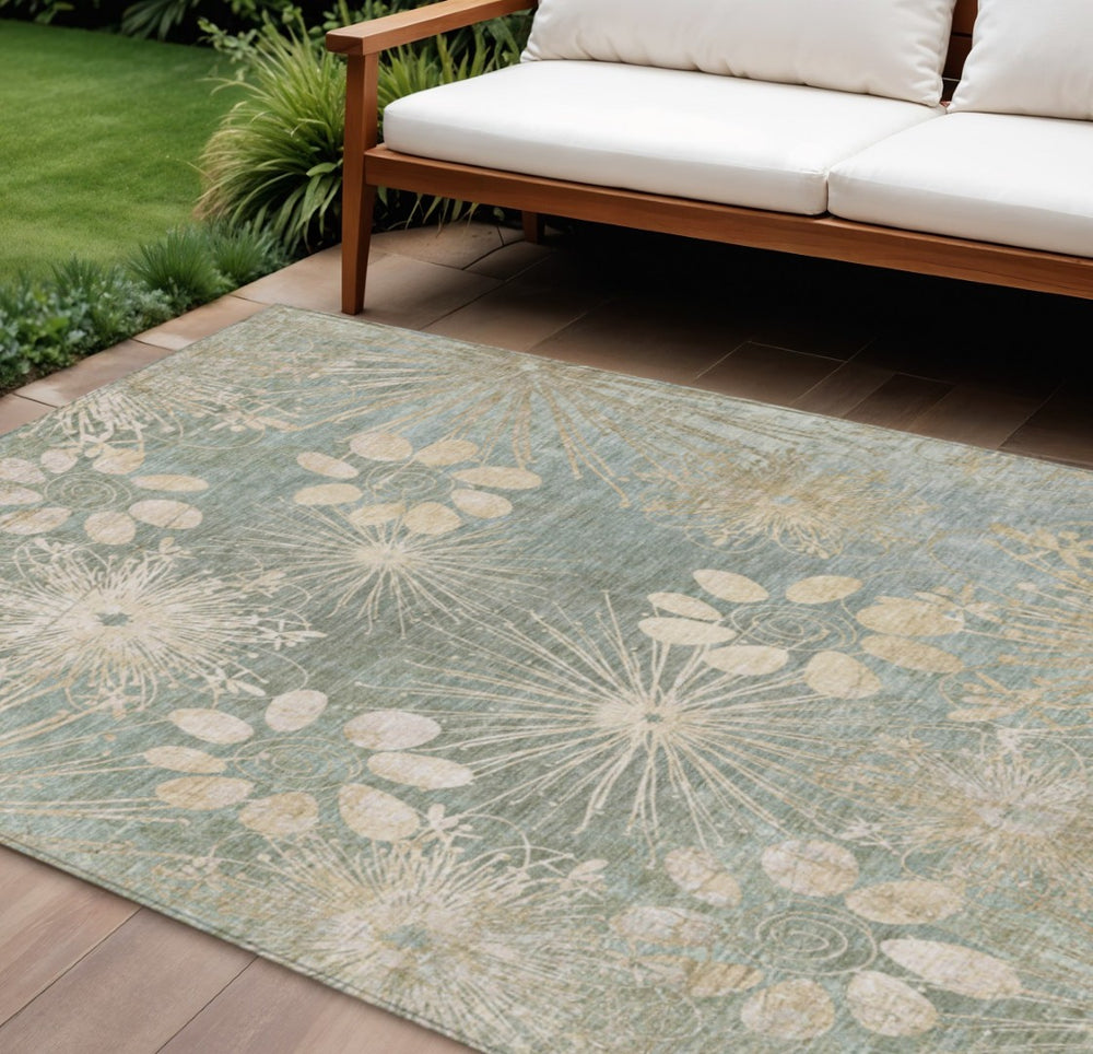 HomeRoots 10' Artichoke Green and Beige Floral Area Rug - Washable, Durable, Indoor/Outdoor Style for Any Space 639316