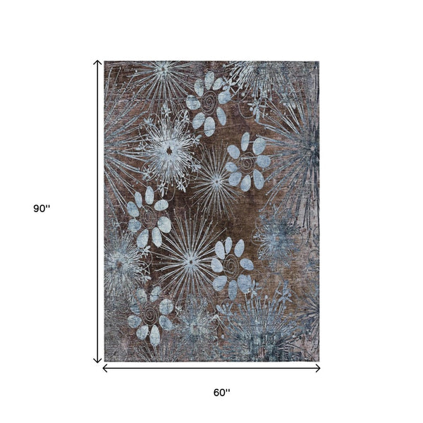 HomeRoots 5' Elegant Brown and Sky Blue Floral Indoor-Outdoor Area Rug, Durable, Washable, Versatile Design 639318