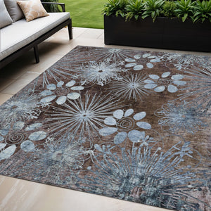 HomeRoots 5' Elegant Brown and Sky Blue Floral Indoor-Outdoor Area Rug, Durable, Washable, Versatile Design 639318