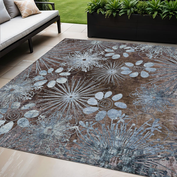 HomeRoots 5' Elegant Brown and Sky Blue Floral Indoor-Outdoor Area Rug, Durable, Washable, Versatile Design 639318