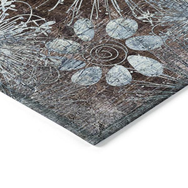 HomeRoots 5' Elegant Brown and Sky Blue Floral Indoor-Outdoor Area Rug, Durable, Washable, Versatile Design 639318
