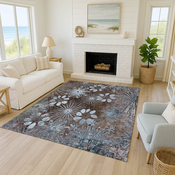 HomeRoots 5' Elegant Brown and Sky Blue Floral Indoor-Outdoor Area Rug, Durable, Washable, Versatile Design 639318