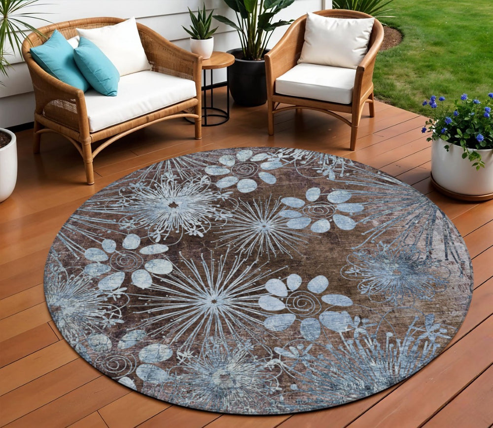 HomeRoots 8' Round Floral Washable Area Rug in Brown & Sky Blue – Perfect for Indoor & Outdoor Spaces! 639319