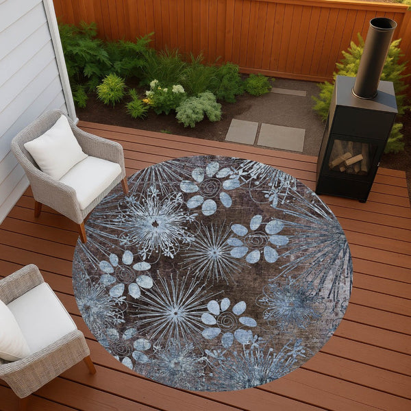 HomeRoots 8' Round Floral Washable Area Rug in Brown & Sky Blue – Perfect for Indoor & Outdoor Spaces! 639319