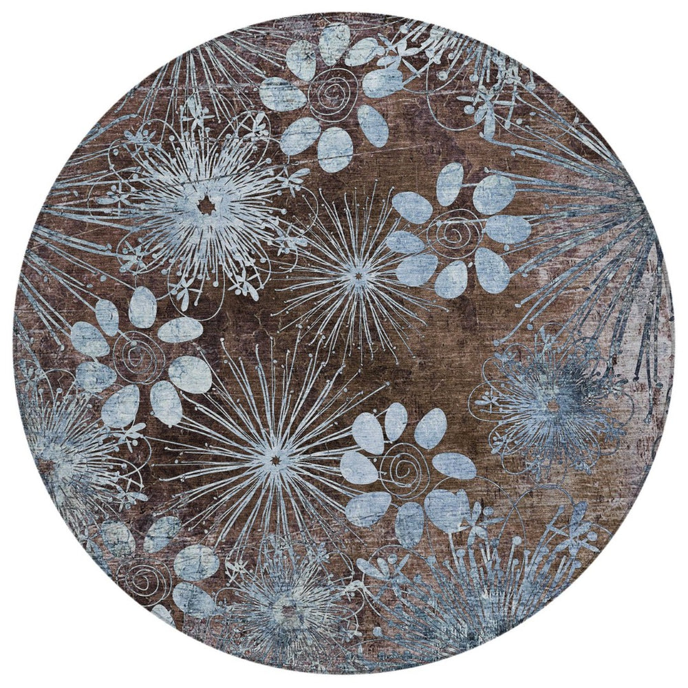 HomeRoots 8' Round Floral Washable Area Rug in Brown & Sky Blue – Perfect for Indoor & Outdoor Spaces! 639319