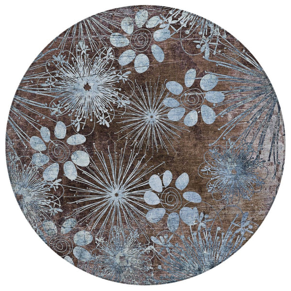 HomeRoots 8' Round Floral Washable Area Rug in Brown & Sky Blue – Perfect for Indoor & Outdoor Spaces! 639319