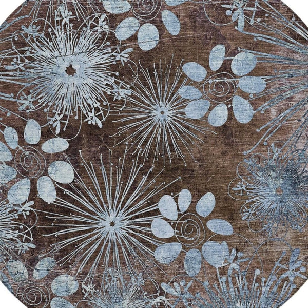 HomeRoots 8' Round Floral Washable Area Rug in Brown & Sky Blue – Perfect for Indoor & Outdoor Spaces! 639319