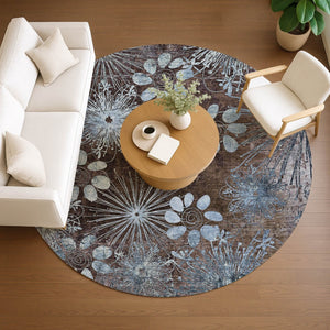 HomeRoots 8' Round Floral Washable Area Rug in Brown & Sky Blue – Perfect for Indoor & Outdoor Spaces! 639319