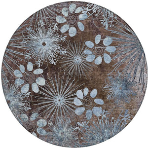 HomeRoots 8' Round Floral Washable Area Rug in Brown & Sky Blue – Perfect for Indoor & Outdoor Spaces! 639319