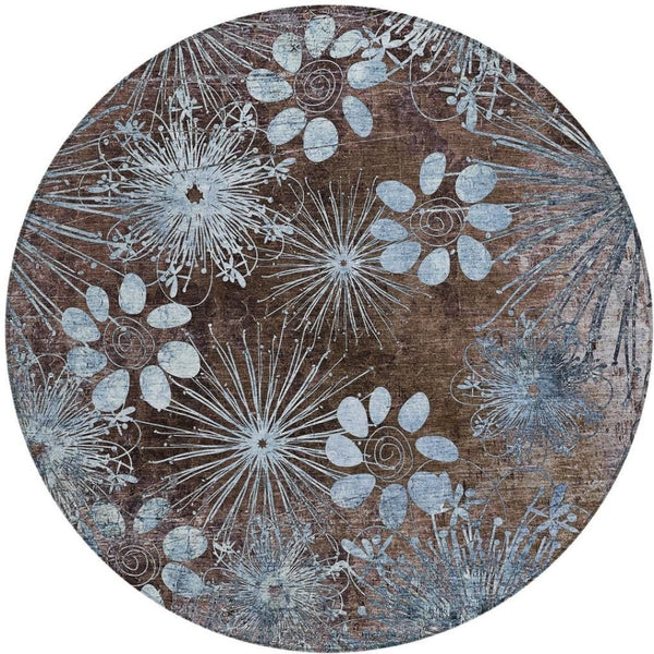 HomeRoots 8' Round Floral Washable Area Rug in Brown & Sky Blue – Perfect for Indoor & Outdoor Spaces! 639319